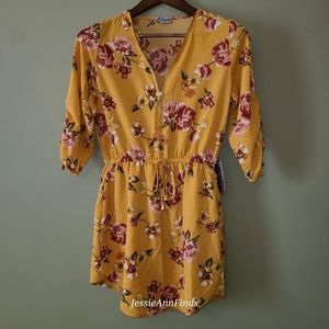 NWT J for Justify Yellow Floral Zip Front Neckline Dress Size Small